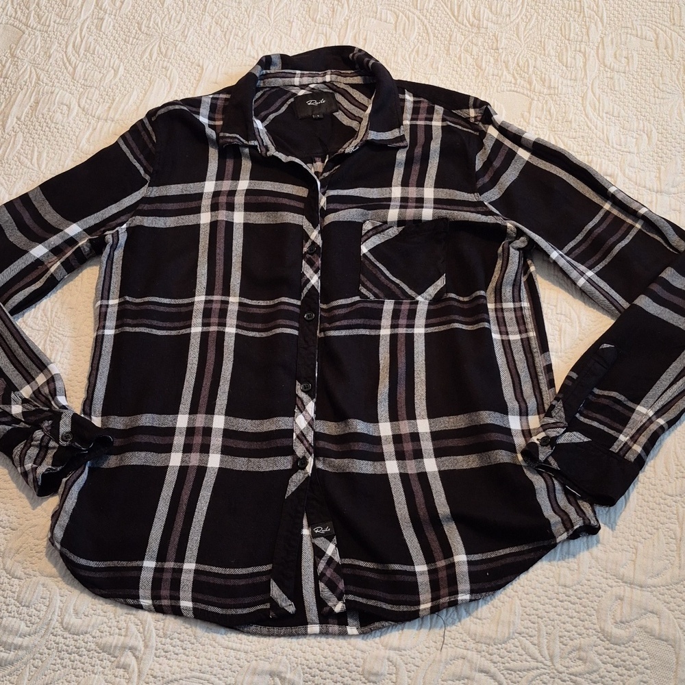 Rails Women's LargeHunter Mixed Plaid Button-Up Shirt, Black Storm Parchment EUC